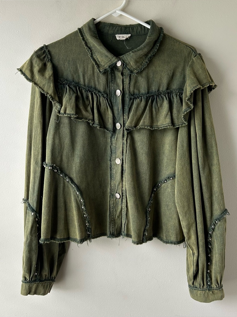 POL Boho Ruffle Fringe Studded Cotton Shacket Shirt‎ Top Green S